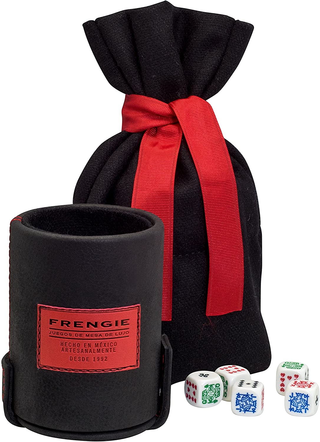 CUBILETE FRENGIE CON PORTA DADOS, BOLSA DE PAÑO